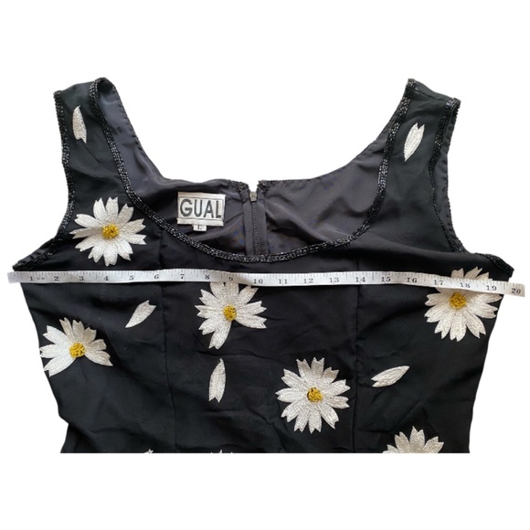 Y2K GUAL Designer Silk Embroidered Beaded Daisy Long Dress Black Size Large - Picture 8 of 12